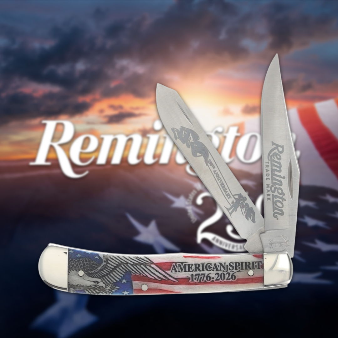 A Remington pocket knife with patriotic design and two open blades.