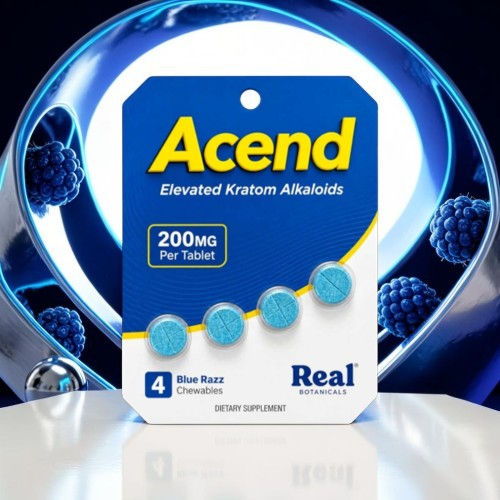 Acend kratom capsules packaging with blue pills and product details.