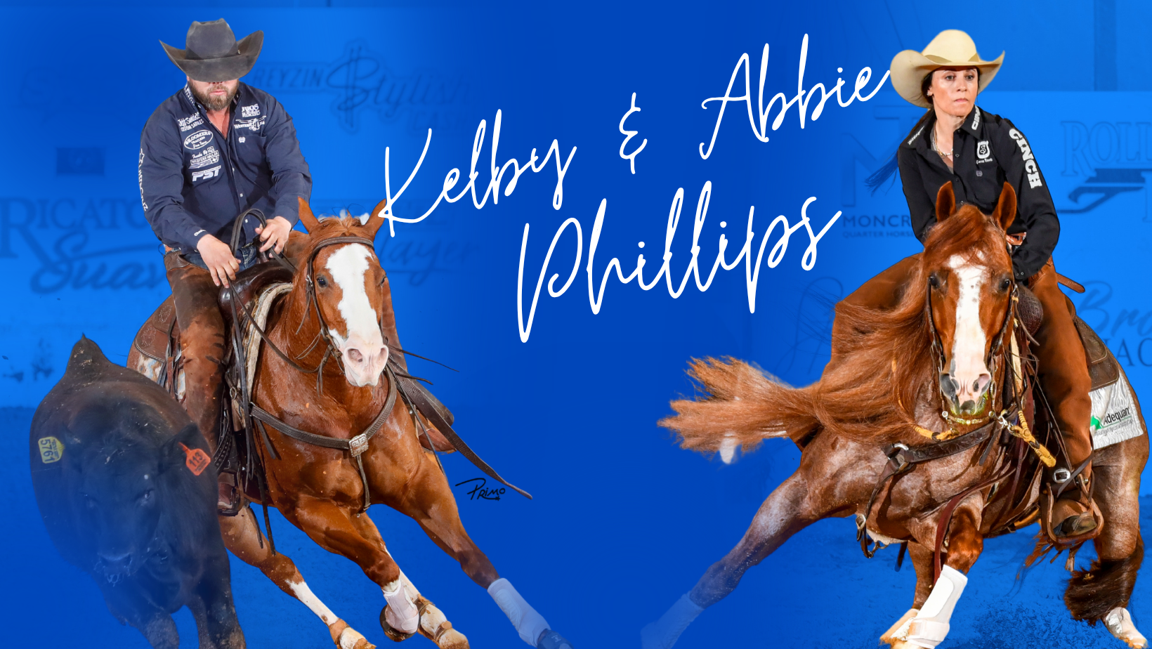 Kelby and Abbie Phillips riding horses on a blue background.