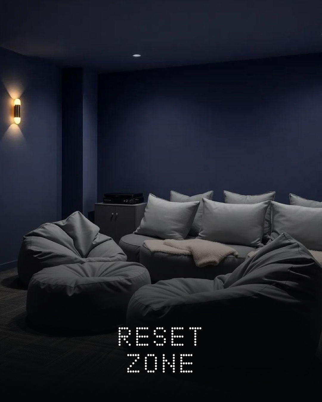 Cozy seating area with bean bags in a dimly lit room.
