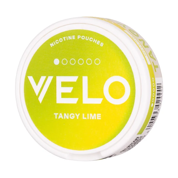 Velo Tangy Lime nicotine pouch container with bright yellow packaging.