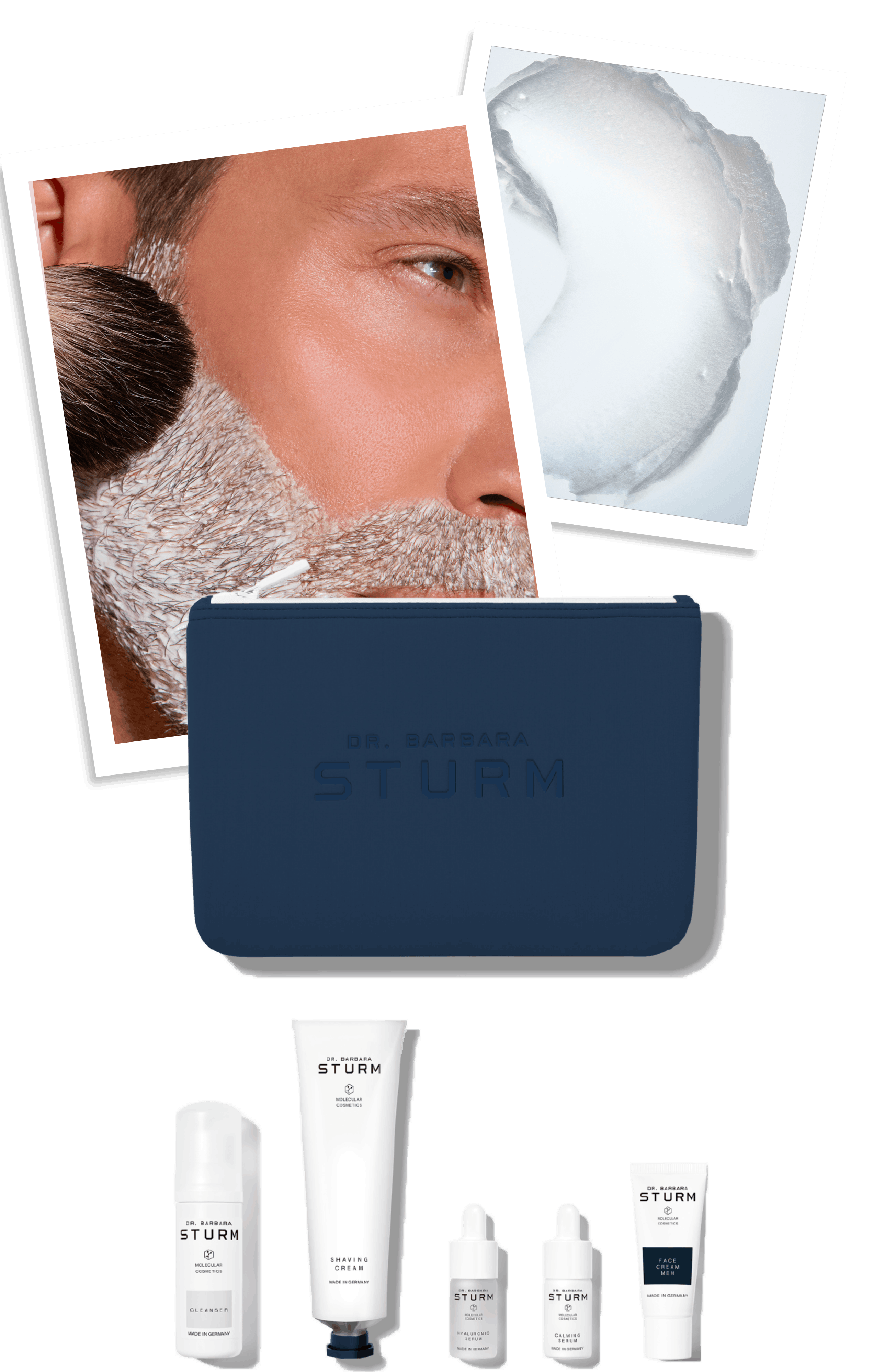 Skincare products displayed with images of a man applying a mask.