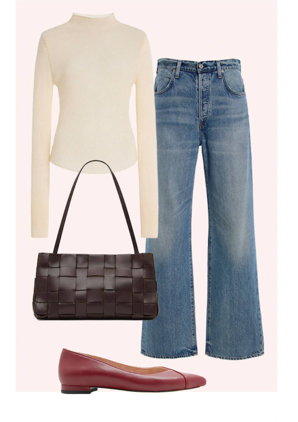 Outfit featuring a turtleneck, jeans, handbag, and flats.