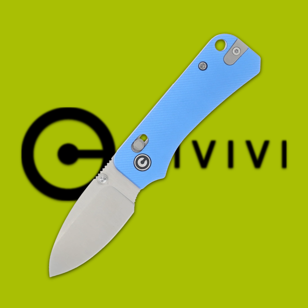 A blue folding knife with a silver blade against a green background.