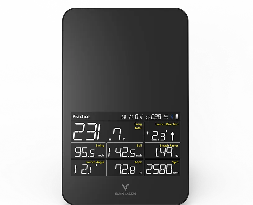 Front view of the SC4 golf launch monitor with data on the display