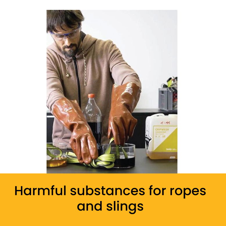 Person handling substances harmful to ropes and slings, wearing protective gloves.
