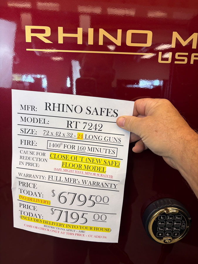 RHINO RT7242 (CRIMSON) gun safe exterior with sale price tag on door - SES spring cleaning sale