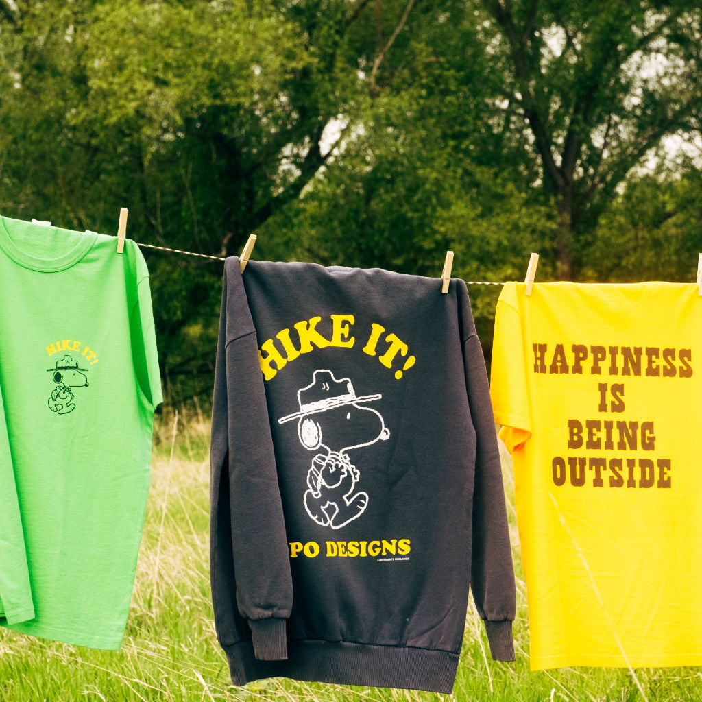 Three colorful shirts hanging on a clothesline in a grassy area.