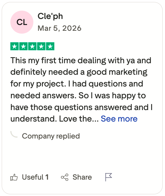 Customer review about marketing services with positive feedback.