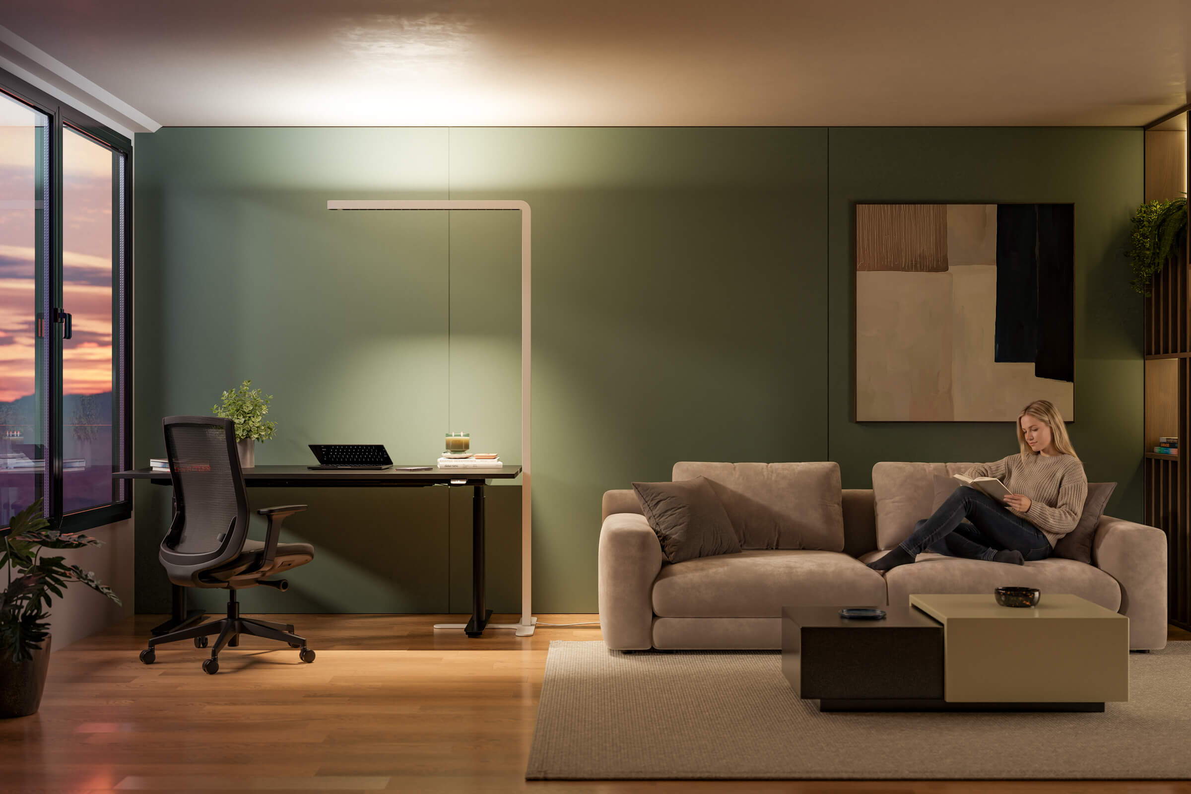 A cozy living room with an " Lumino Pro" office floor lamp in a home office—a woman is sitting on her sofa and reading