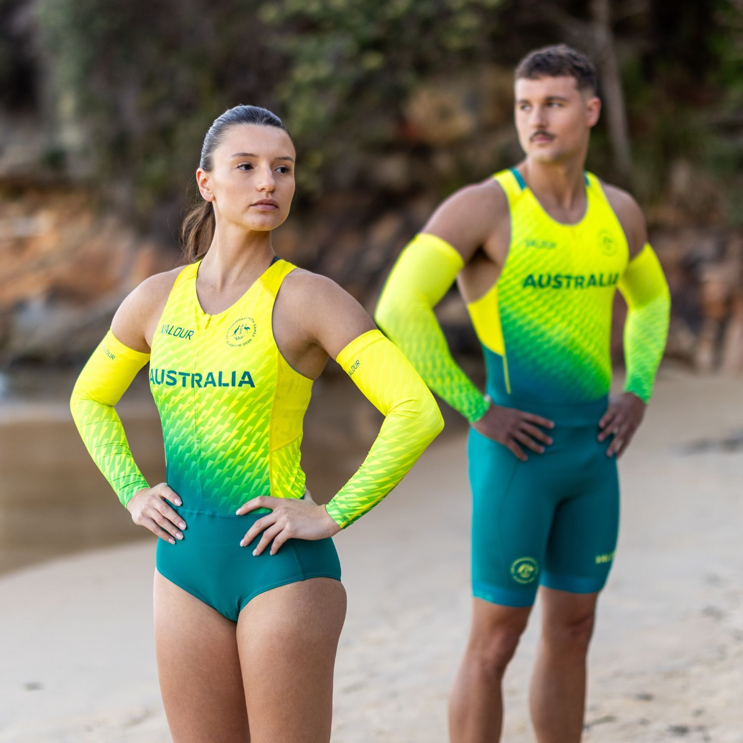 Athletes in swimwear representing Australia on a beach.