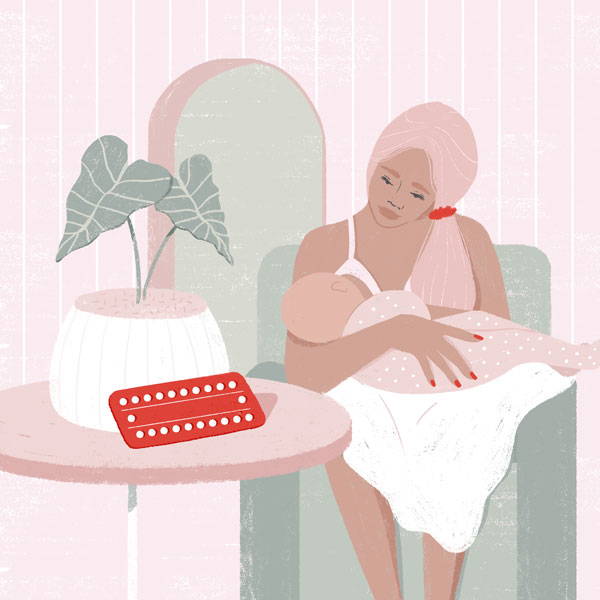Ilustração de uma mãe amamentando com cartela de anticoncepcional sobre a mesa 