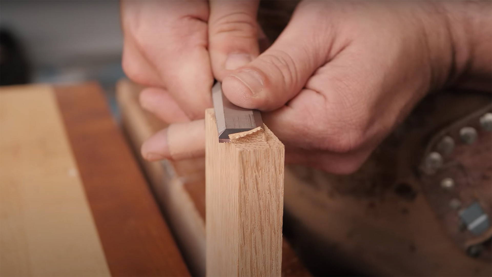 sharp chisel in white oak end grain