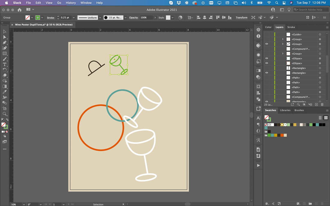 Drawing of wine classes and circles using round brush in Adobe Illustrator
