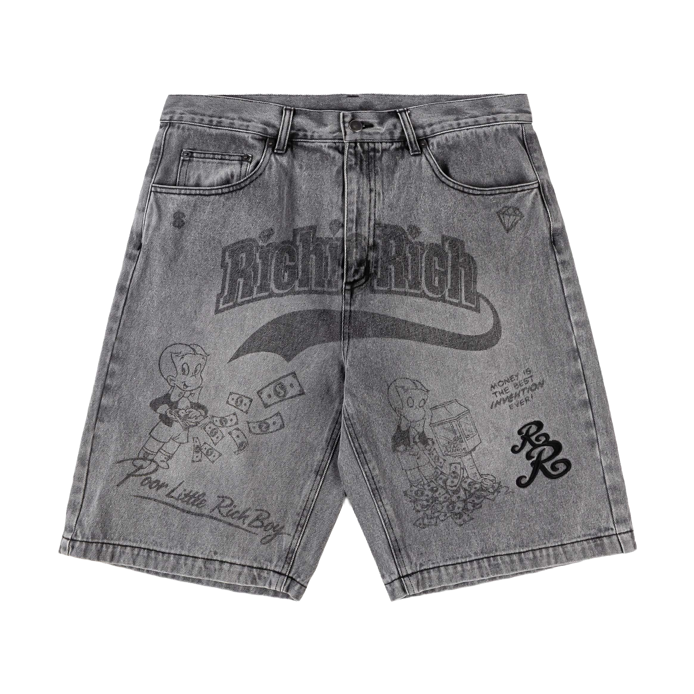 Gray denim shorts with graphic designs and 