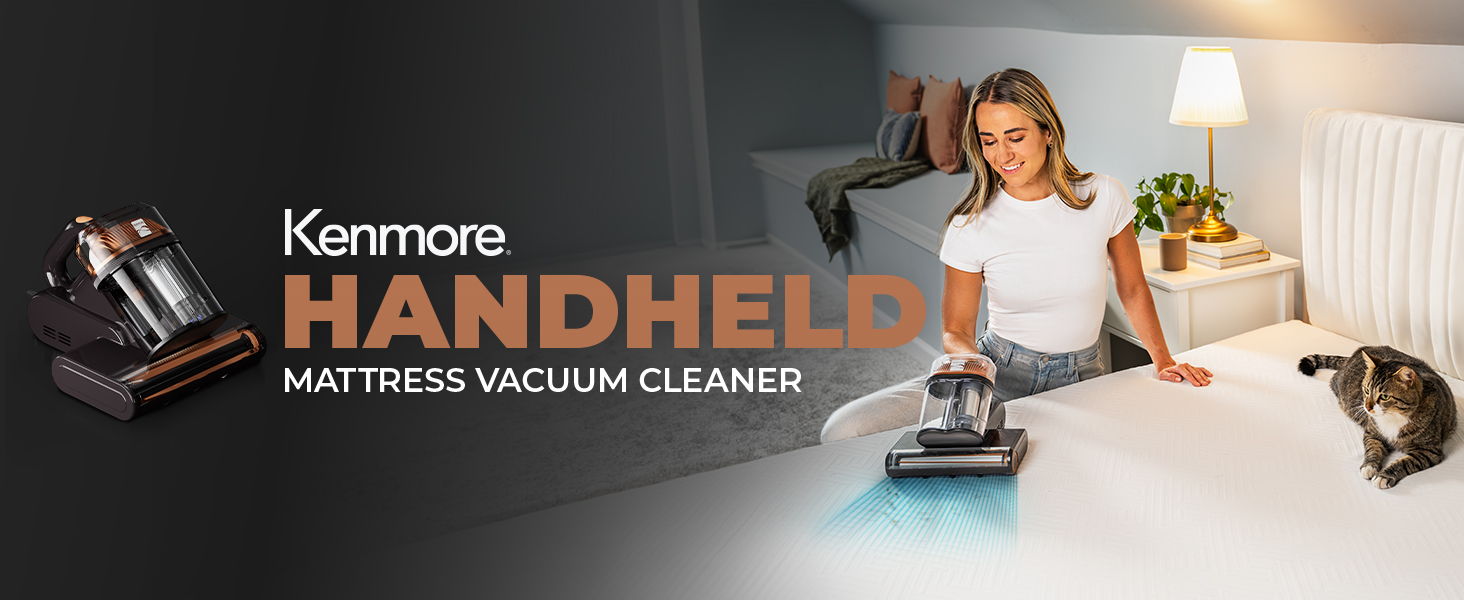 Kenmore handheld mattress vacuum cleaner with woman and cat in a bedroom.