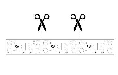 line drawing of where you can use scissors to cut the sewing machine light strip to size
