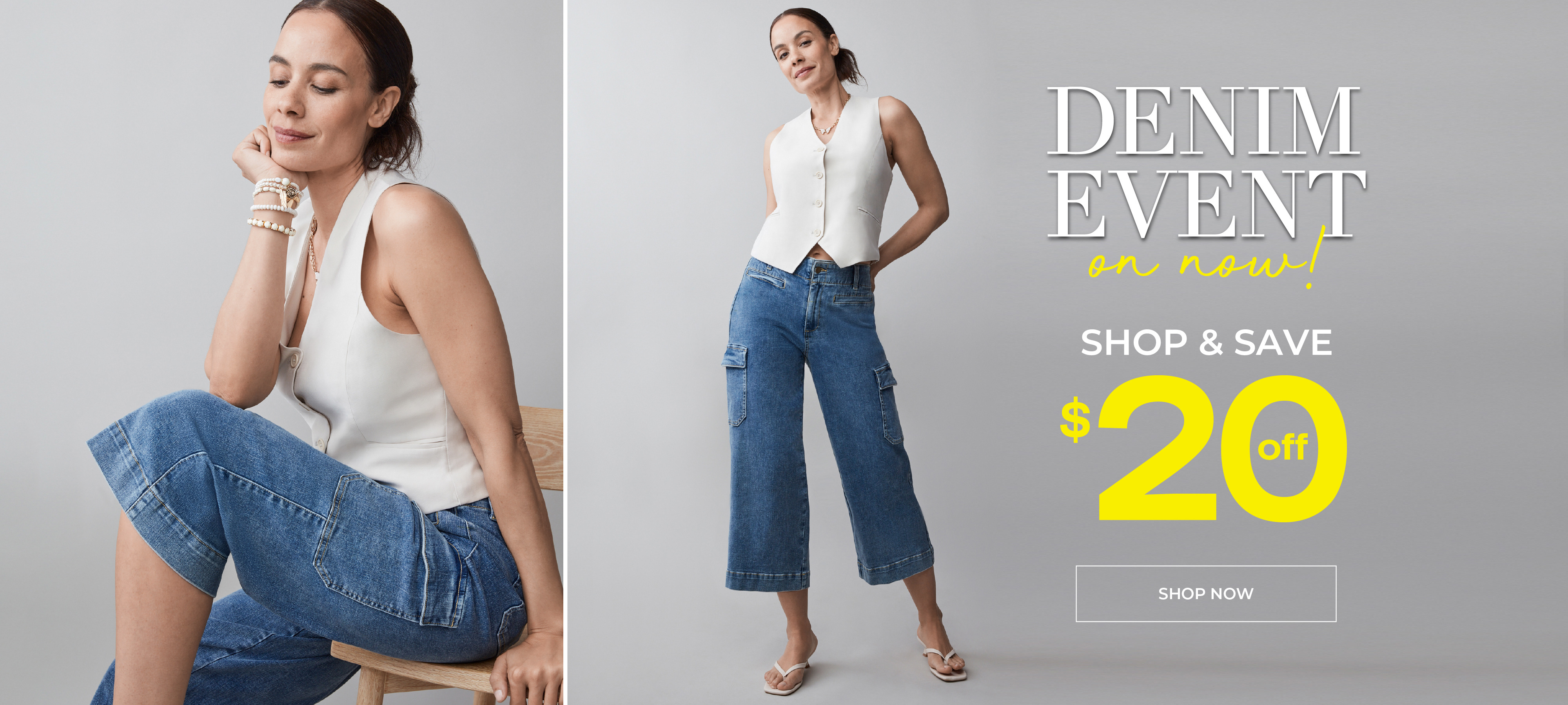 Model showcasing denim styles with promotional text $20 off denim event.