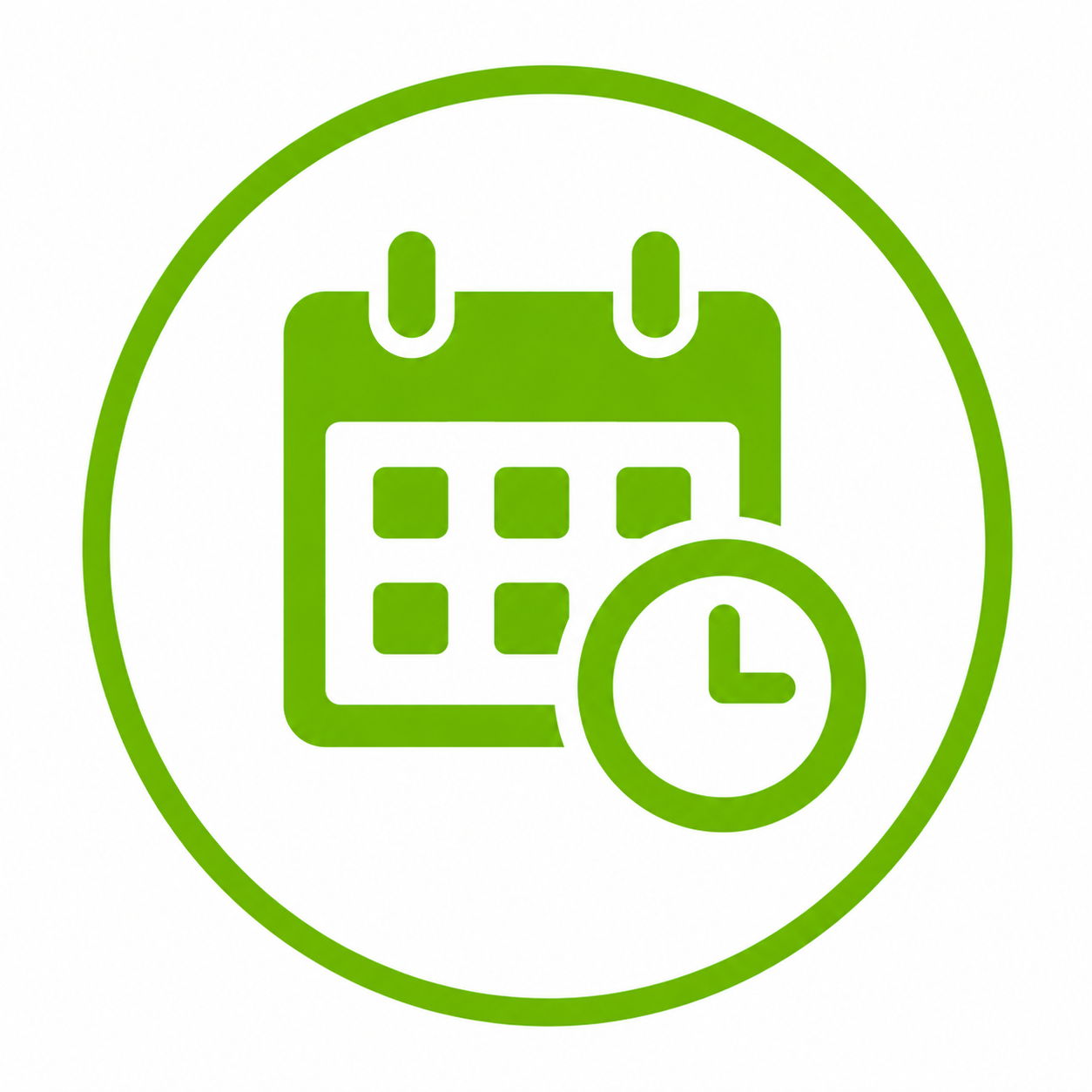 Green calendar icon with a clock symbol indicating date and time.