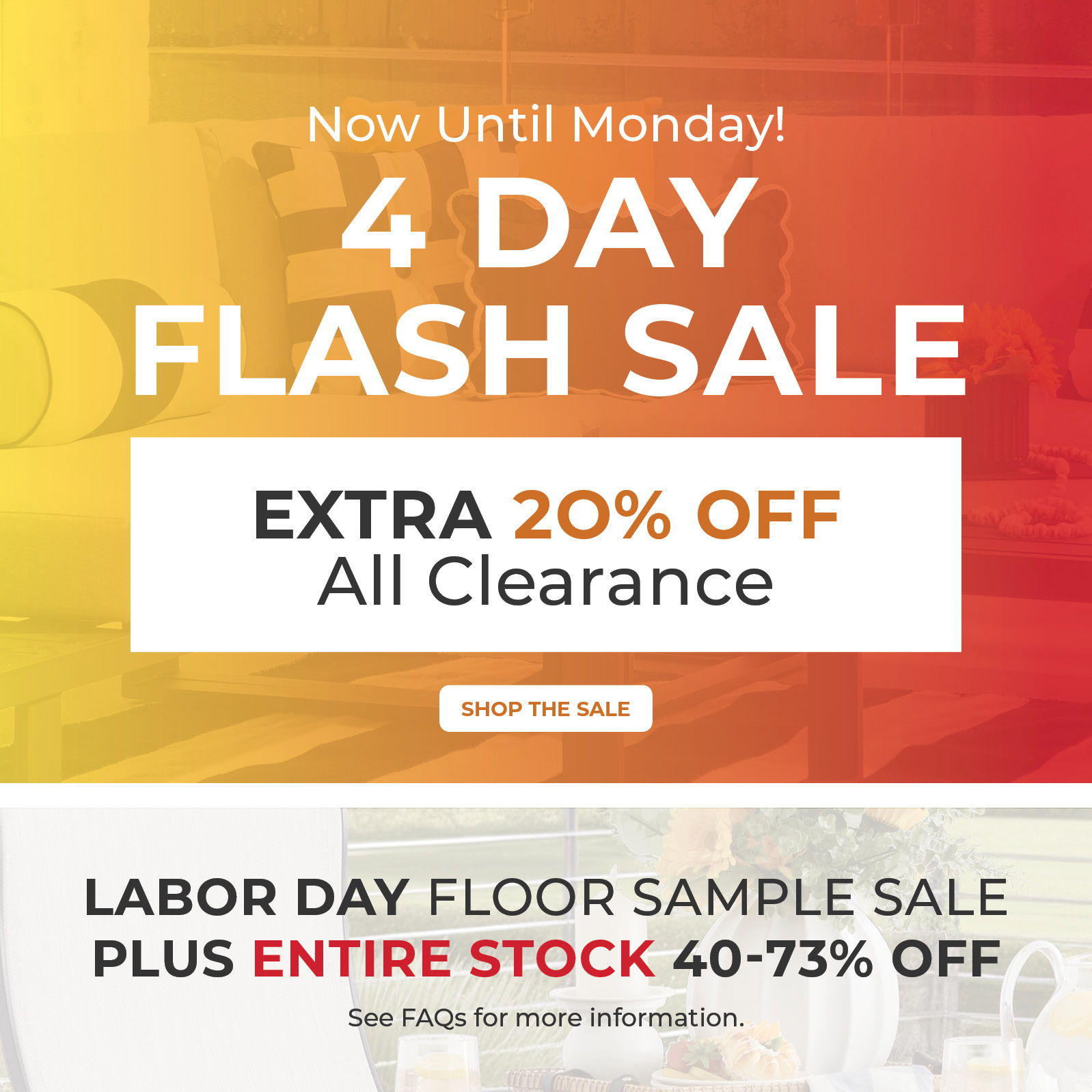 4 Day Flash Sale: Extra 20% Off All Clearance, Labor Day Sample Sale.