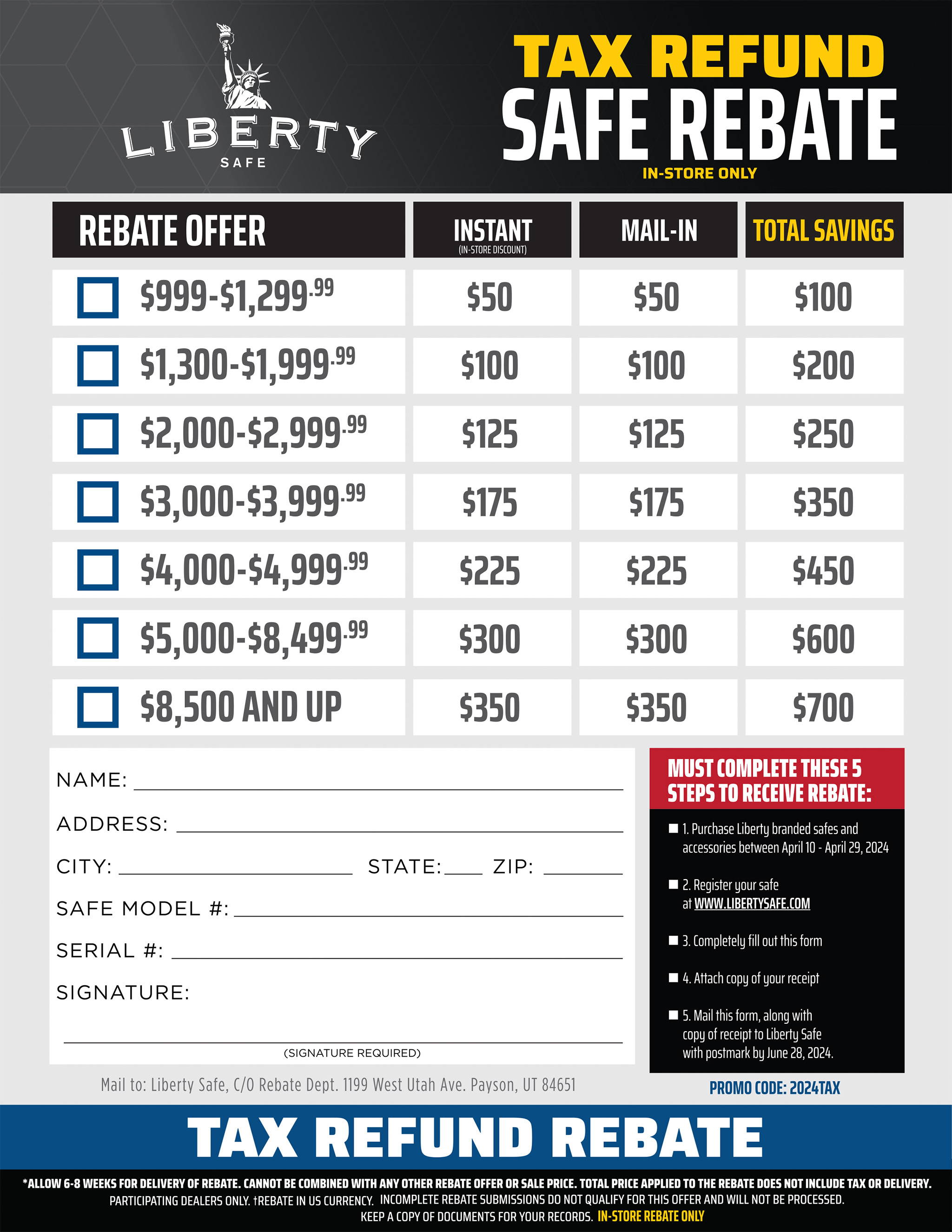 Liberty Safe Tax Refund Safe Rebate Mail-In Form for In-Store Purchases 