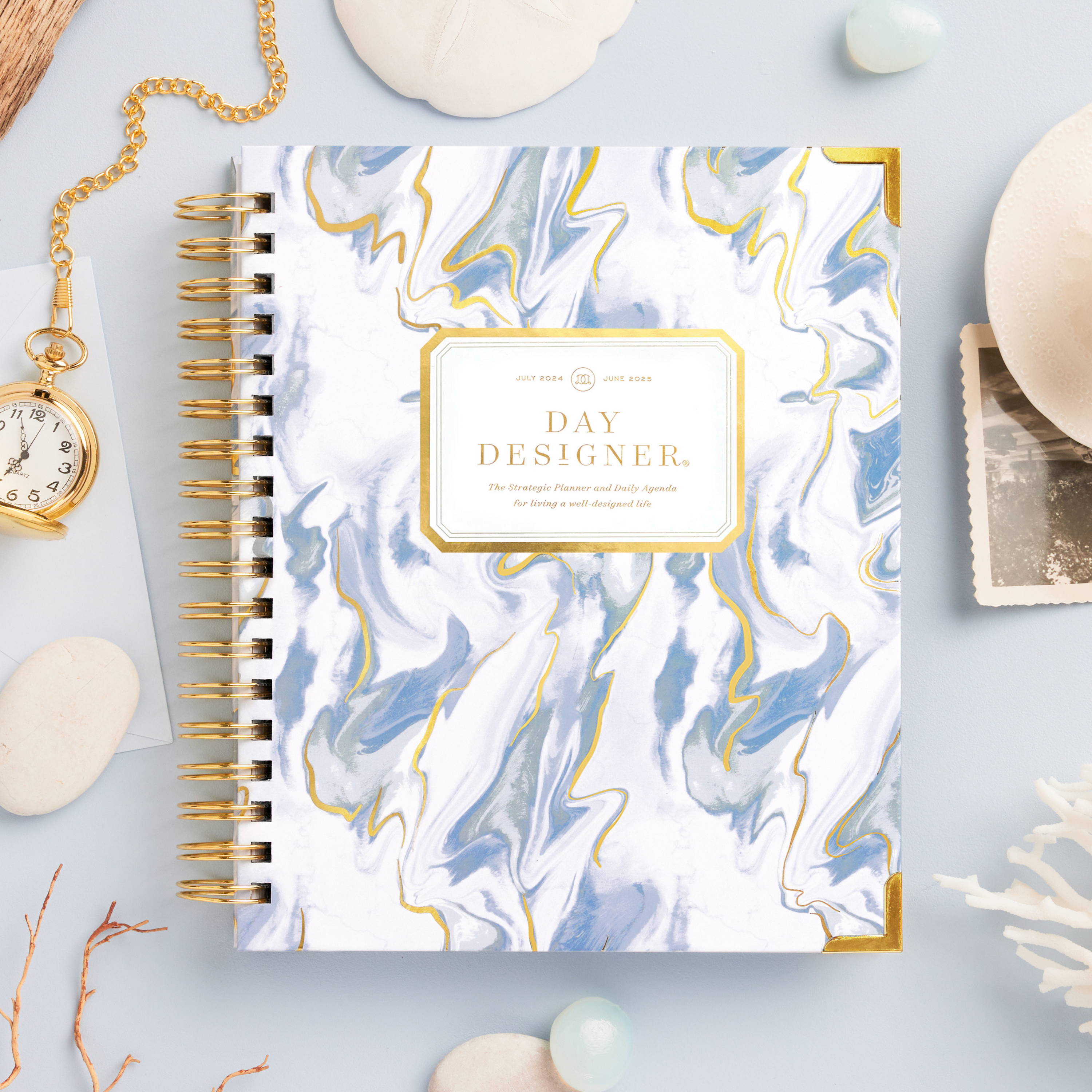 blue and white closed book planner with gold swirls on light blue background, gold stop watch with chain, sea shells, old photo, branches, 