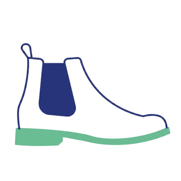 A minimalist blue outline icon of a Chelsea boot, highlighting personalized footwear customization features.