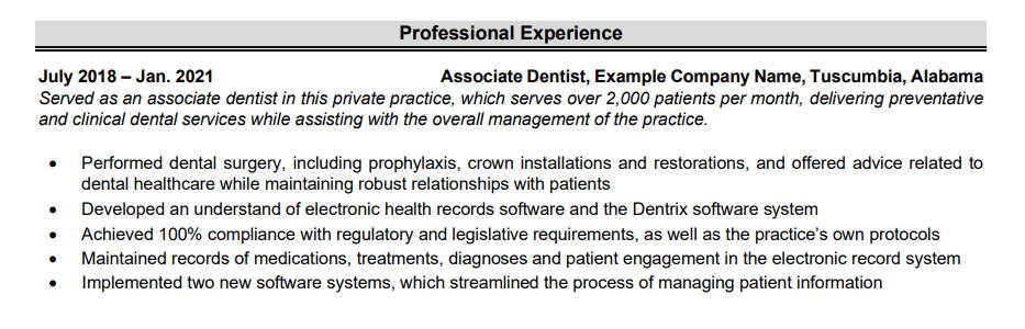 Dentist CV Work Experience Section