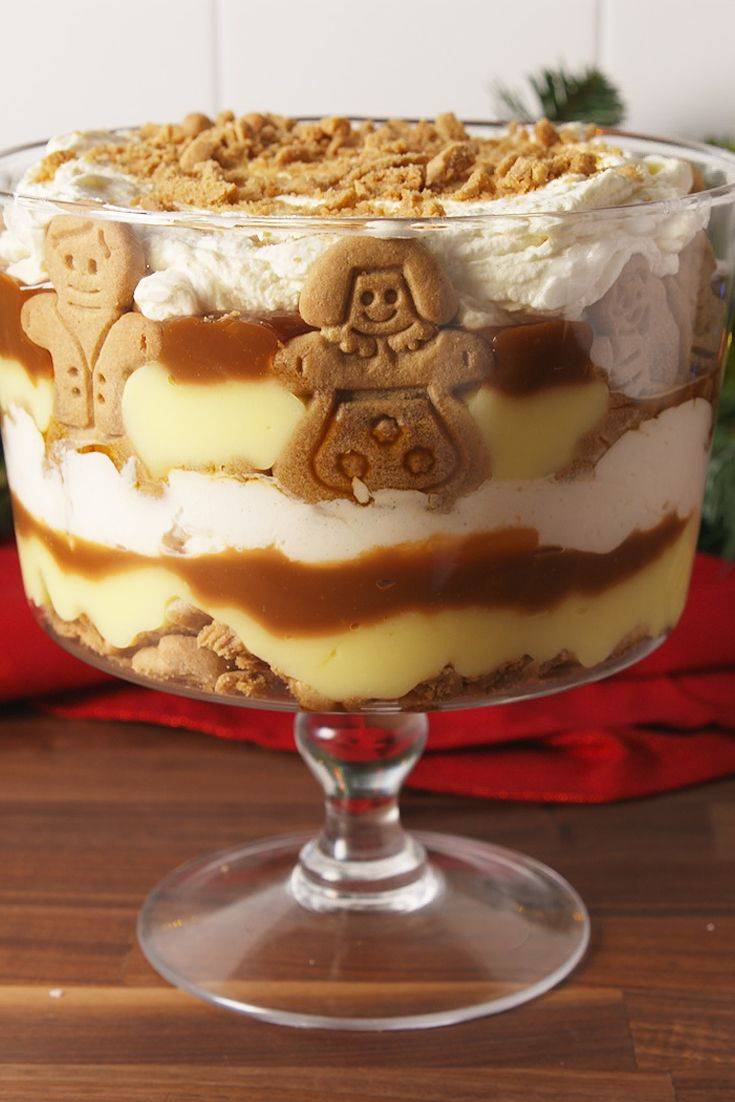 Gingerbread trifle dessert inside a clear  dessert glass