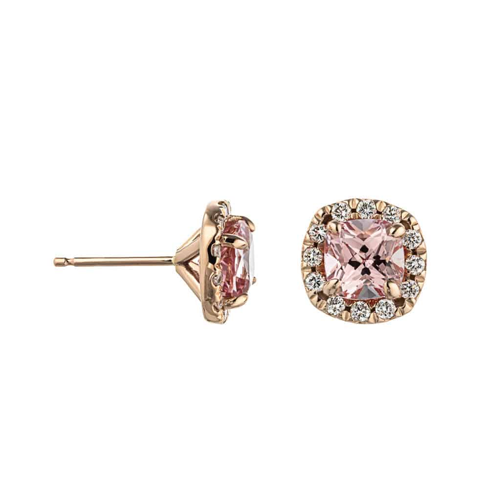 lab grown diamond halo stud earrings featuring champagne pink sapphire gemstones by MiaDonna