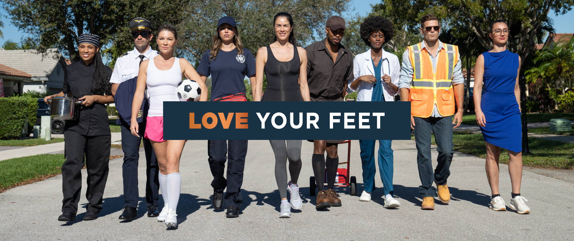 Men and women wearing Tommie Copper compression socks with an overlay of text saying: love your feet.