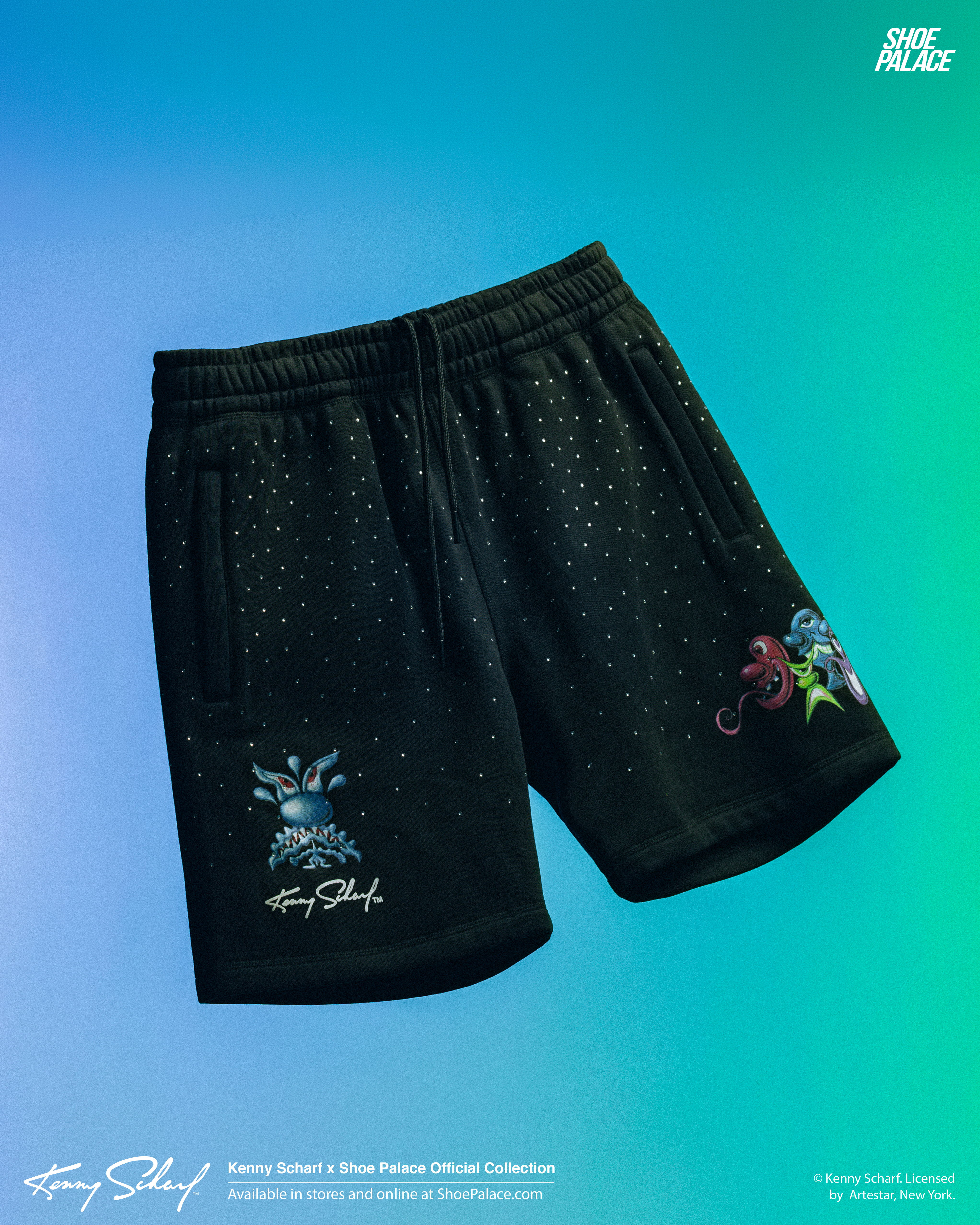 Black shorts with colorful designs on a gradient background.