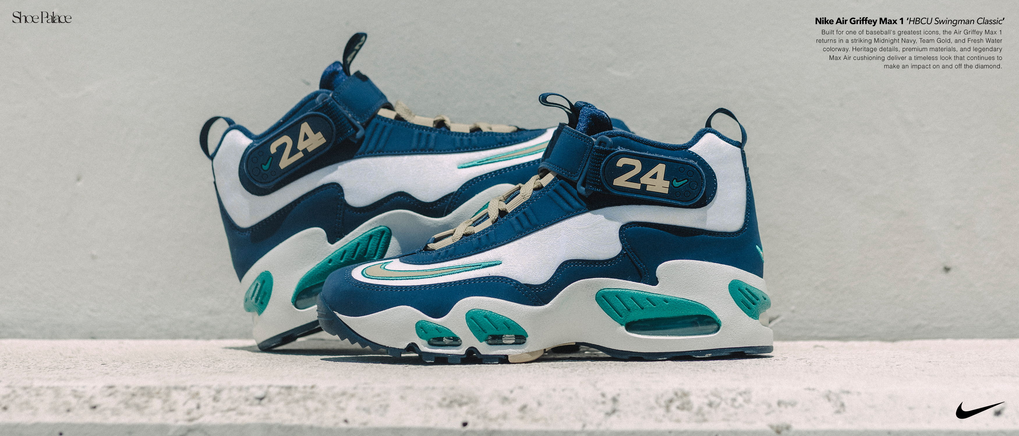 Nike sneakers in teal and white, featuring the number 24.