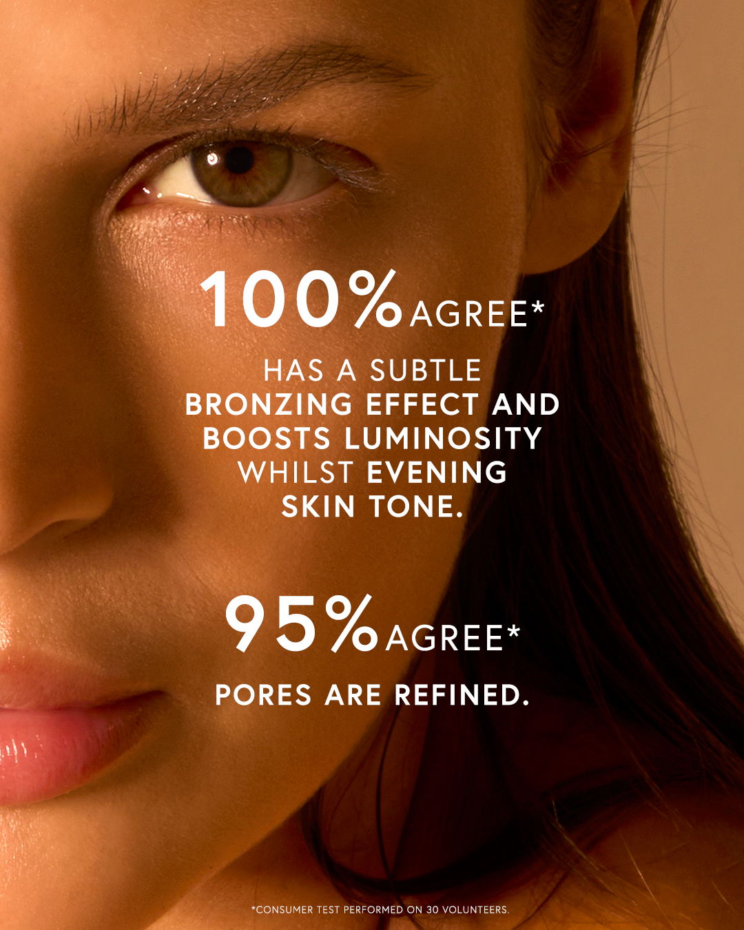 Close-up of a woman's face with skincare product claims.