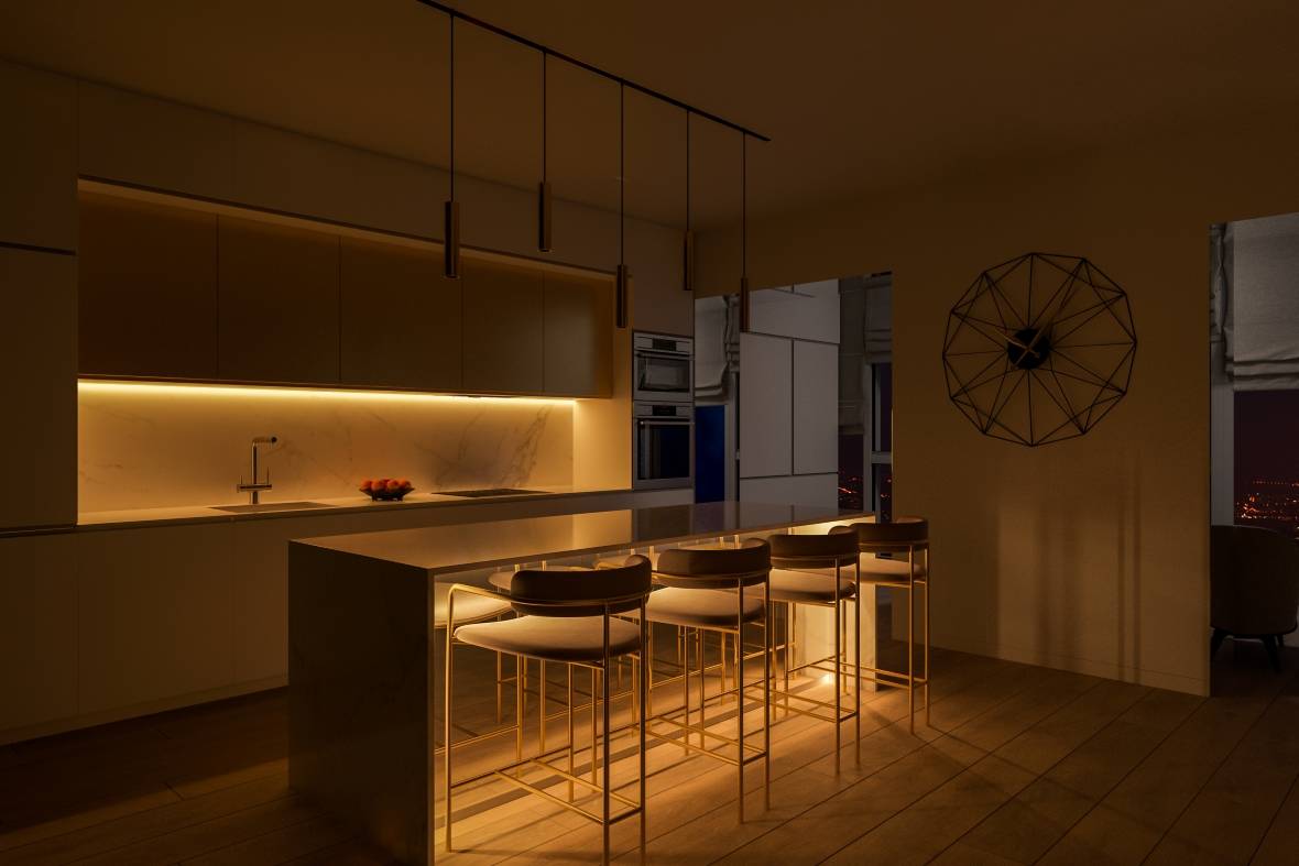 Cozy kitchen with under cabinet and under counter lighting using LED strip lights