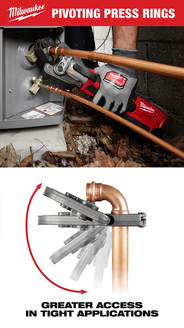 Milwaukee pivoting press rings for greater access in tight applications.