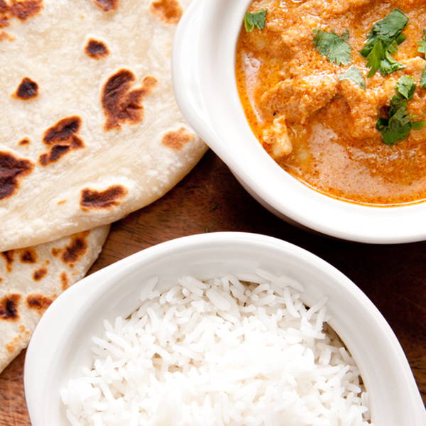 High Quality Organics Express butter chicken, rice, and naan