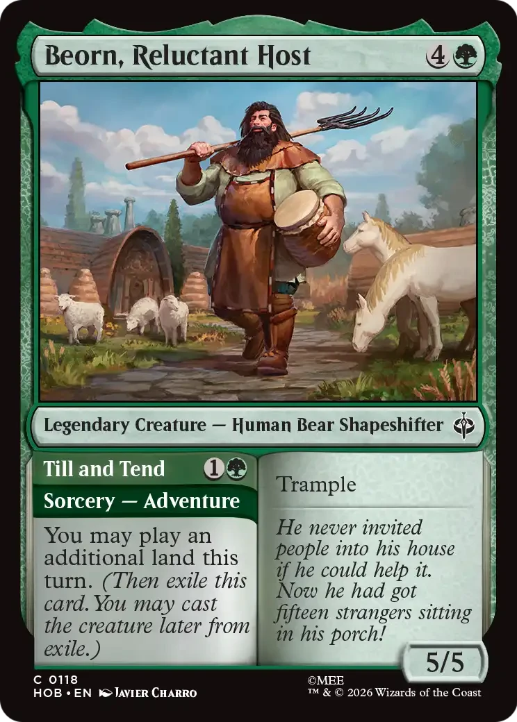 Beorn, Reluctant Host - Till and Tend - A bearded man with a pitchfork stands among sheep in a rural setting.