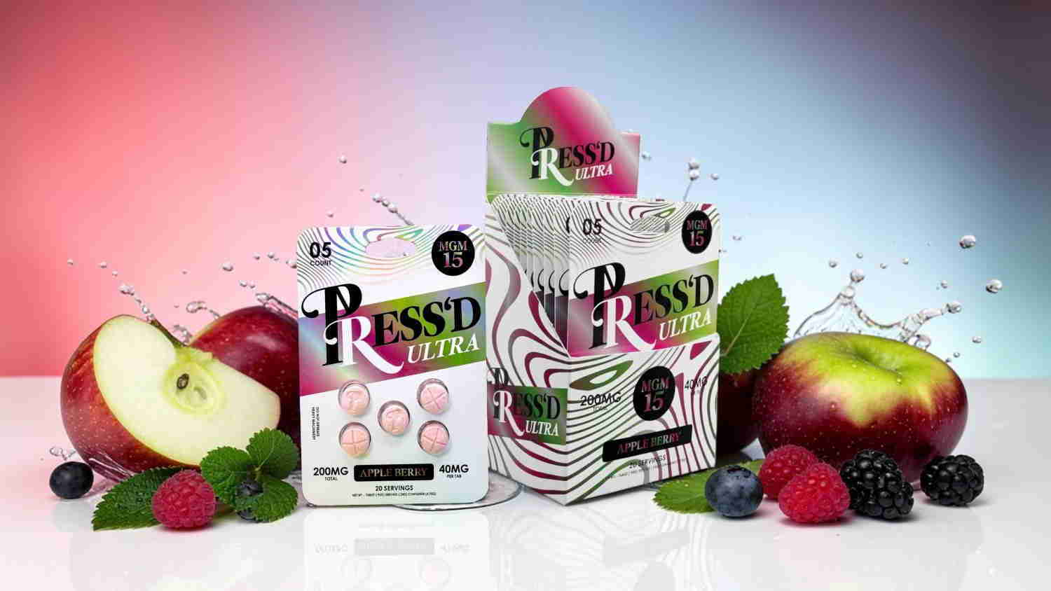 Fruit-flavored products with colorful packaging and fresh fruit around them.