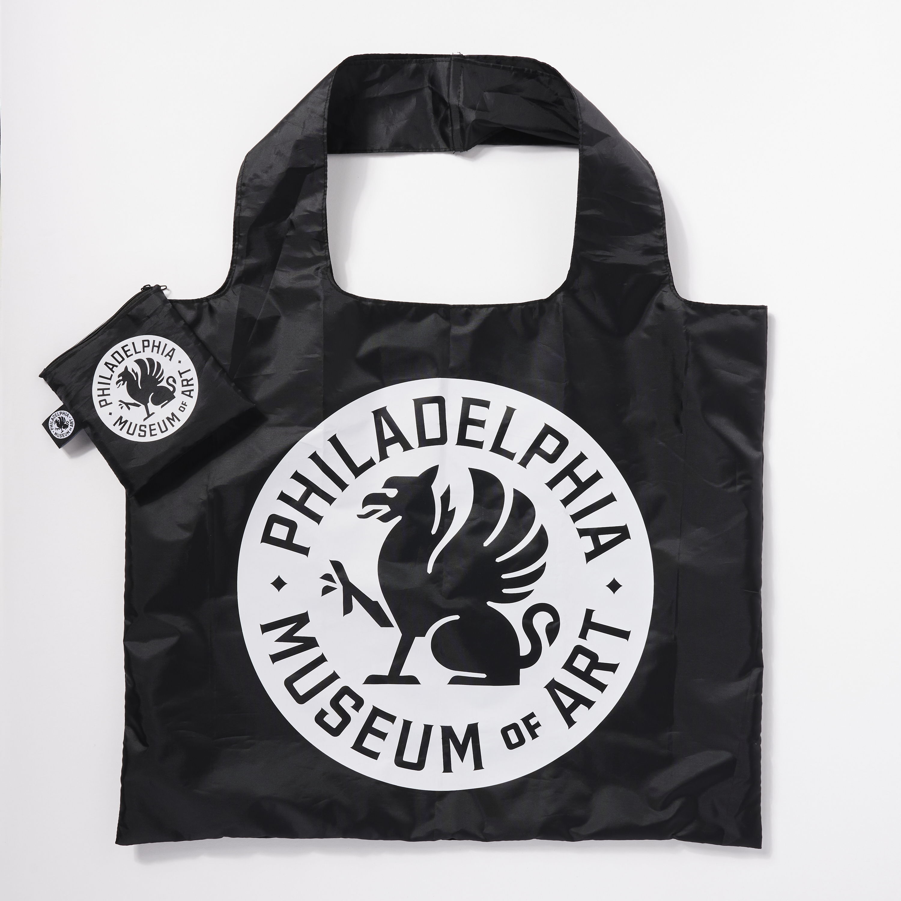 Black tote bag with Philadelphia Museum of Art logo and griffin design.