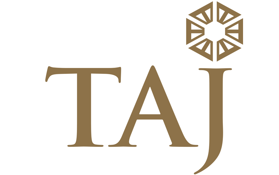 Logo of Taj Hotels featuring stylized text and geometric design.