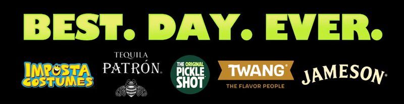 Best. Day. Ever. The Big Dill® Philadelphia 2026 partner logos for National Pickle Day at Stateside Live!: Imposta Costumes, Tequila Patrón, The Original Pickle Shot, TWANG and Jameson Irish Whiskey