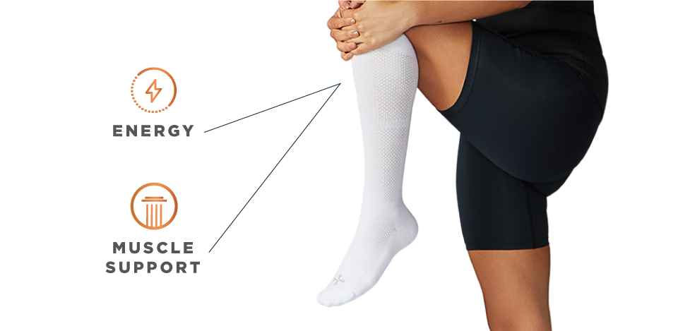 White Tommie Copper compression socks with the icons: boost energy and muscle support