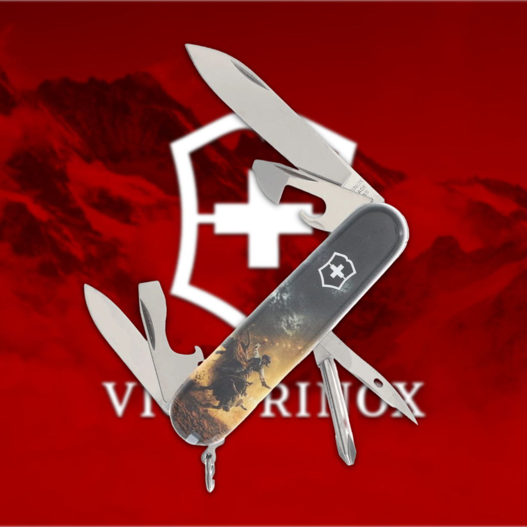 A Swiss Army knife with a red background featuring the Victorinox logo.
