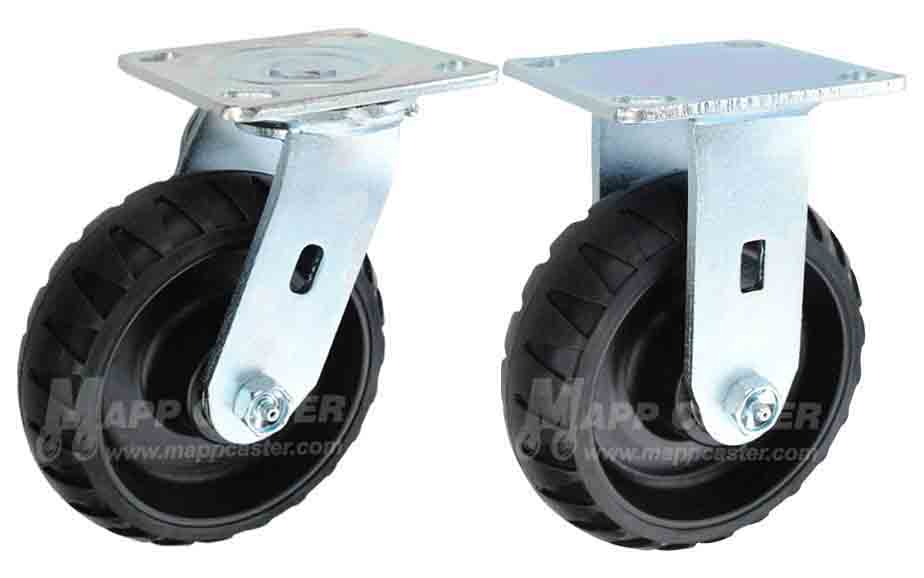 Off-road capable TPR rubber casters ideal for rolling on gravel & other rough surfaces. Made with Thermoplastic rubber for UV, water & chemical resistance