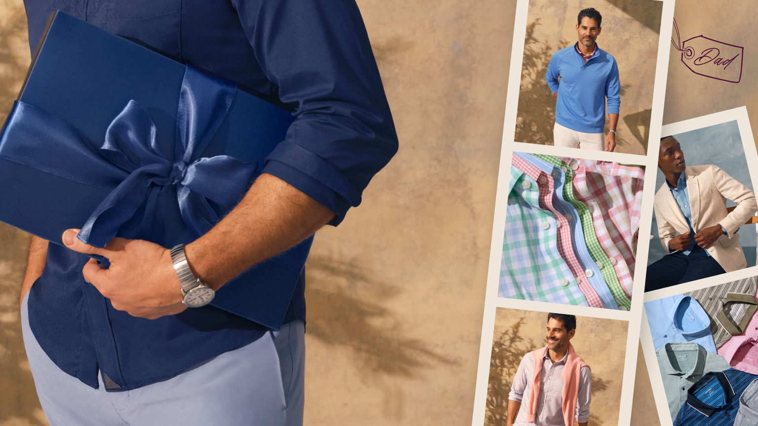 Man holding a blue folder, surrounded by various fashion images.