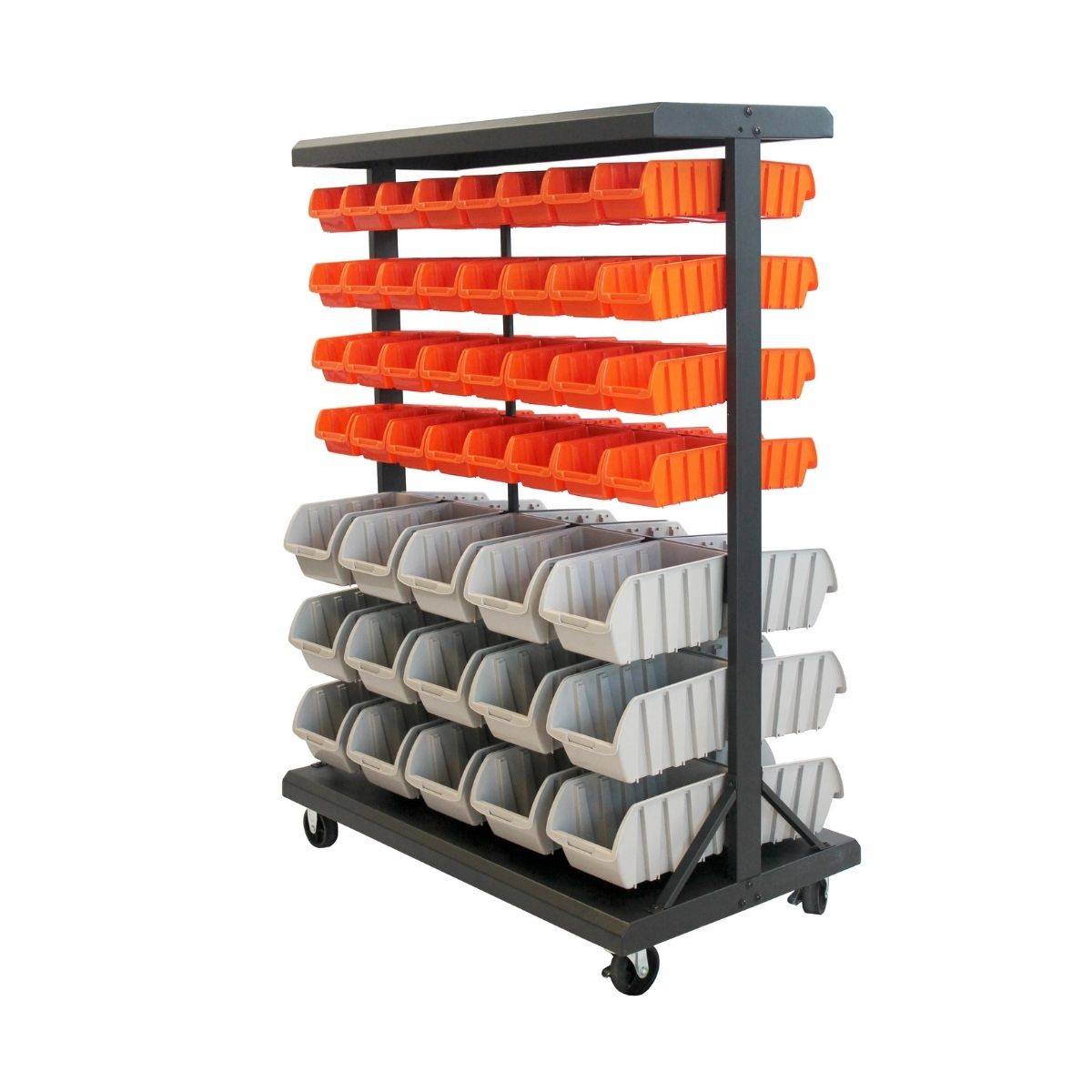 dual sided rack with bins and wheels
