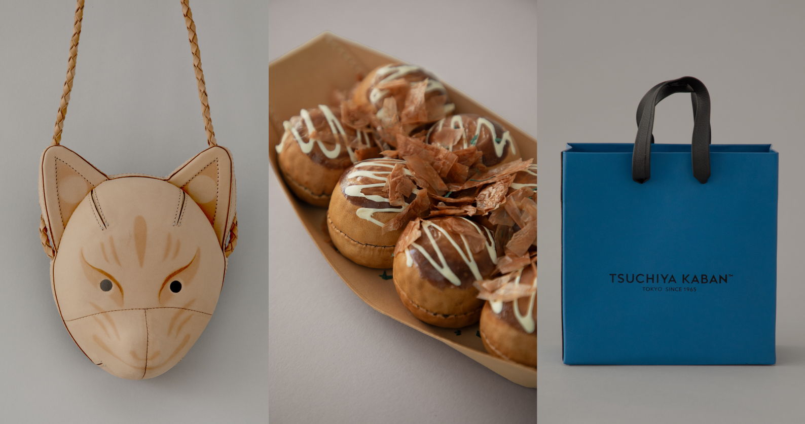 Wooden cat-shaped bag, baked goods, and a blue shopping bag.