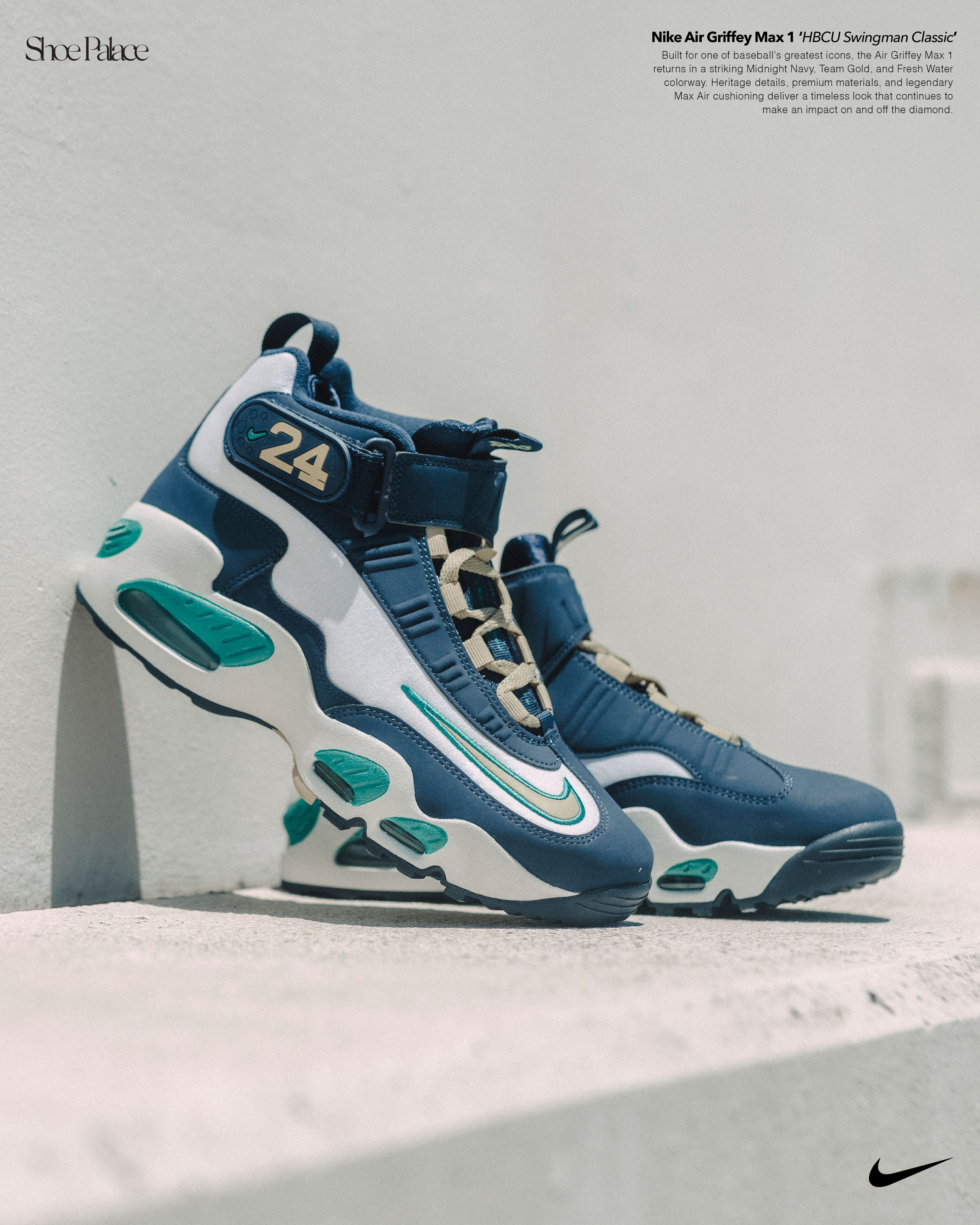 Nike sneakers in blue, white, and teal on a ledge.