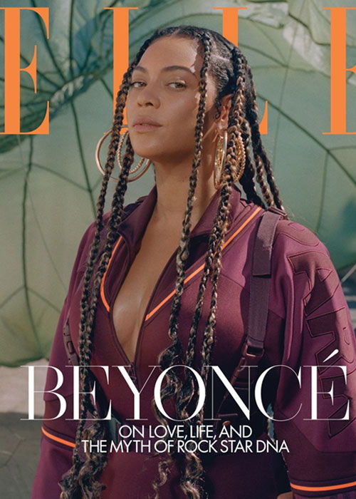 Beyoncé on the cover of Elle magazine, discussing love life and rock star DNA.